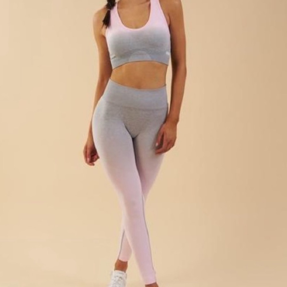 GYMSHARK leggings. M. Ombré grey/pink. The long sleeve top and bra are separate